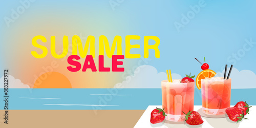 Sunset on the ocean with beach and cocktails. Summer sale bright background.