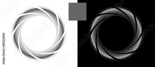 Abstract background with halftone squares in spiral. Modern circle pattern. Futuristic concept, logo. Black shape on a white background and the same white shape on the black side.