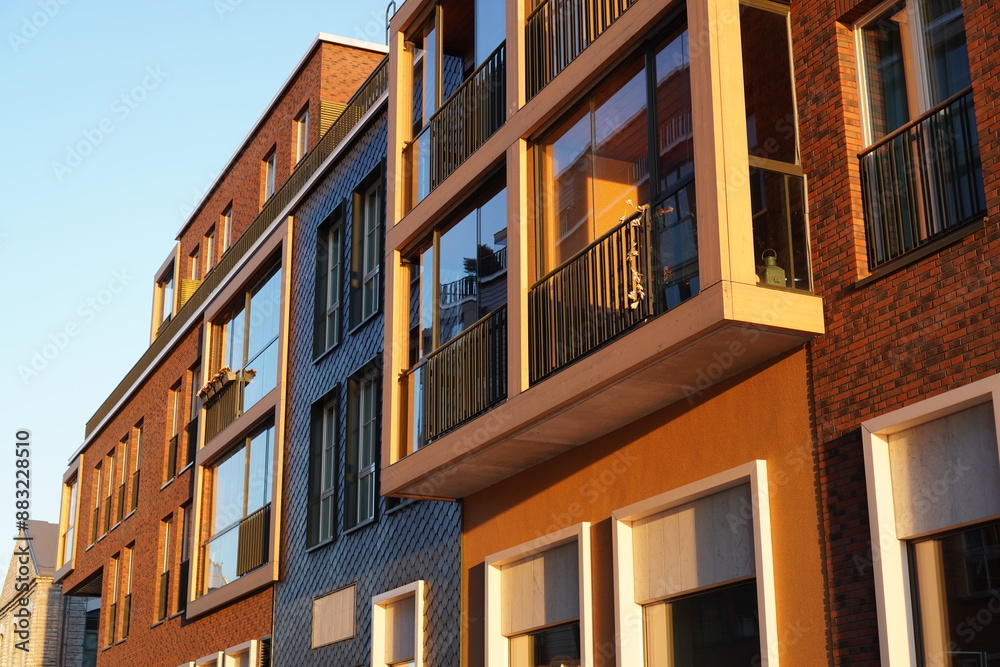 Close up of new modern building brick facade with brown blocks and balconies in Noblessner district. Tallinn, Estonia, Europe. July 2024 Close up of new modern building brick facade with brown blocks and balconies in Noblessner district. Tallinn, Estonia, Europe. July 2024