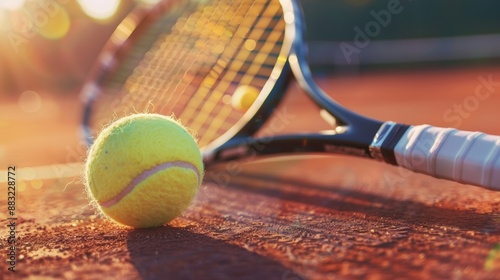 Close-up of a tennis ball and racket on a clay court during sunset, emphasizing sports and outdoor activity.