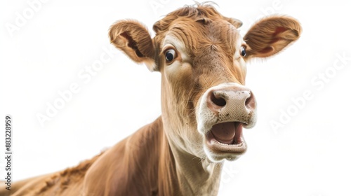 Cow Portrait - Open Mouth, Brown Fur, White Background