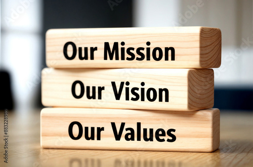 3d illustration render of wooden block of word text out mission vision and values photo