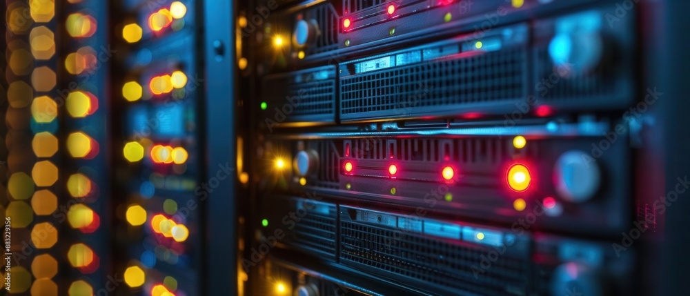 Row of network servers with glowing LED lights Row of network servers with glowing LED lights