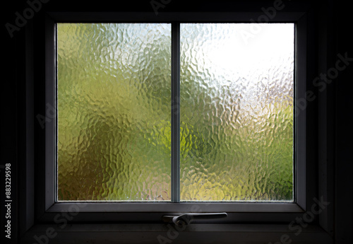 frosted glass window with a view onto a sunny day