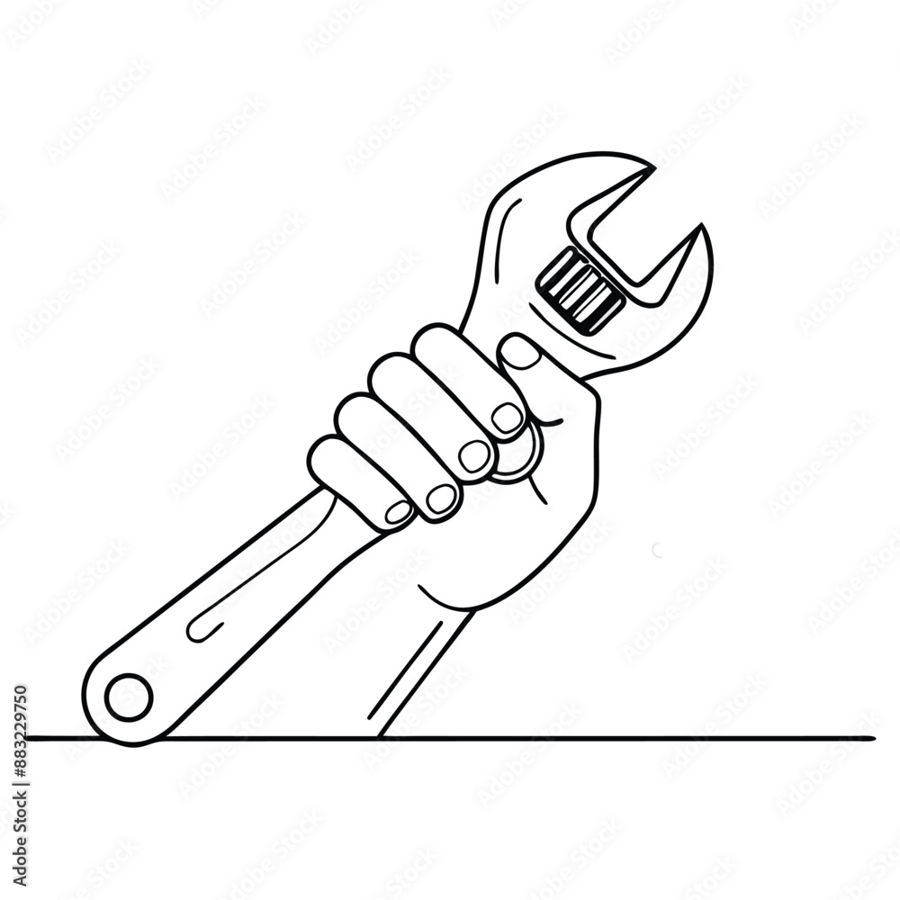 a hand holding an adjustable wrench, line art vector illustration. a hand holding an adjustable wrench, line art vector illustration.