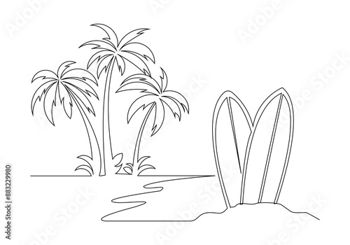 Continuous single one line surfing board standing up in sand beach with palm tree beach sea ocean wave view summer time sketch drawing vector illustration