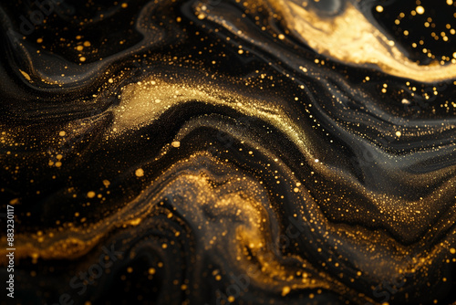 whirling gold particles in black fluid magical waves, abstract background