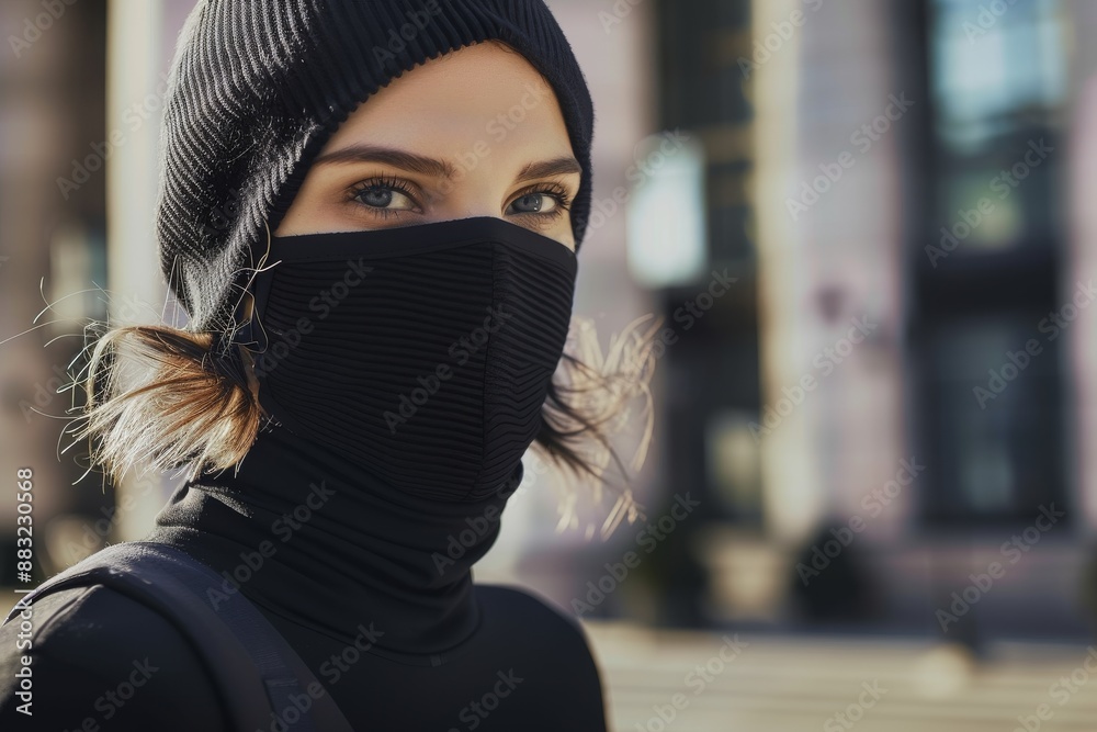 Beautiful woman with black face mask on the street One woman, beautiful young woman wearing black protective mask on the street in city Beautiful woman with black face mask on the street One woman, beautiful young woman wearing black protective mask on the street in city