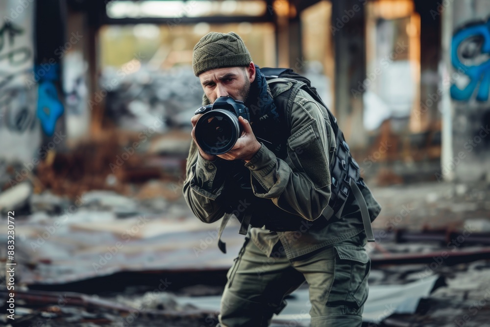 Man war journalist with camera One man, war journalist with digital camera at the place of action, in war zone Man war journalist with camera One man, war journalist with digital camera at the place of action, in war zone