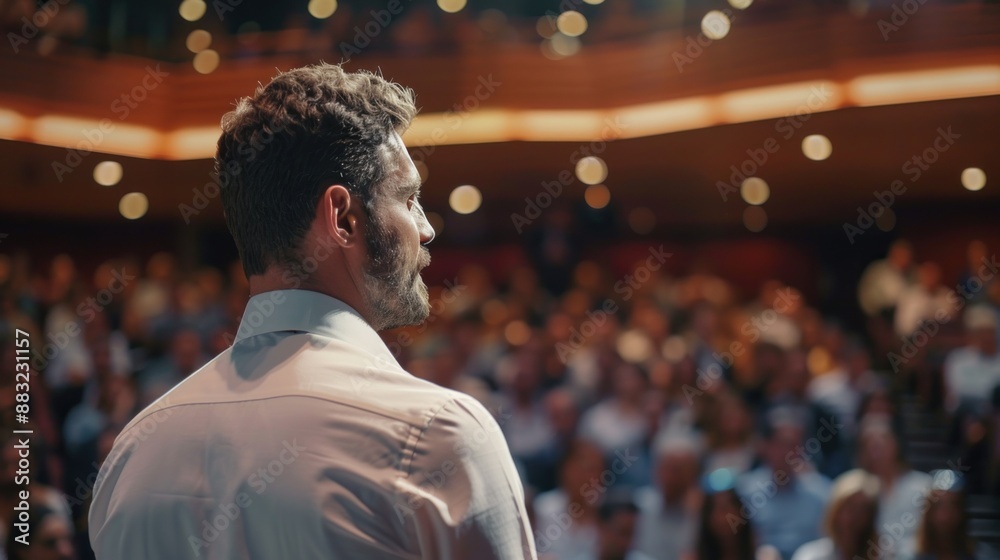 A man with a beard addresses a large crowd of people in a brightly lit conference hall A man with a beard addresses a large crowd of people in a brightly lit conference hall