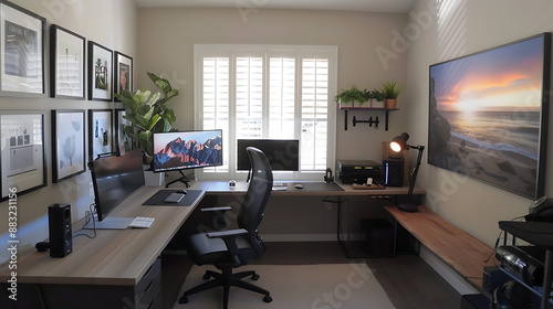 Modern Home Office Setup With Dual Monitors and Wall Art