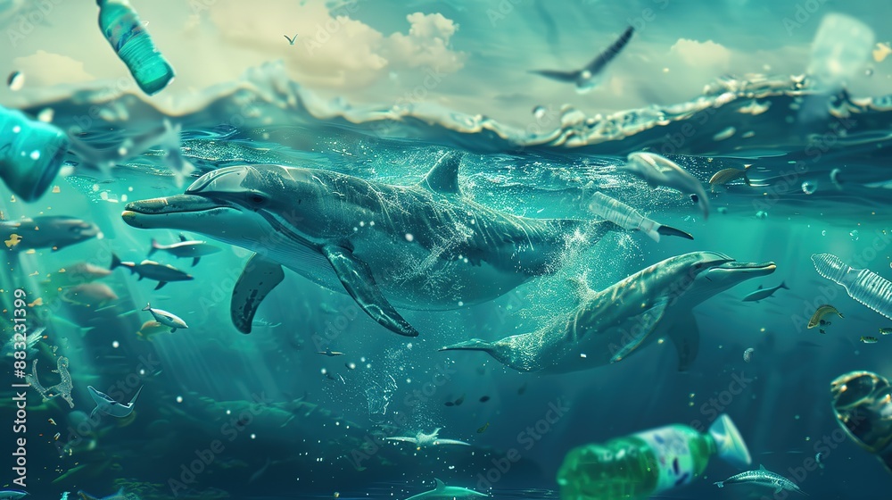 Fototapeta premium Dolphins Swimming Through Plastic Pollution in the Ocean