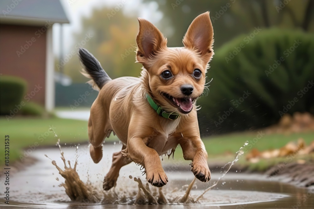 Dog running through puddles