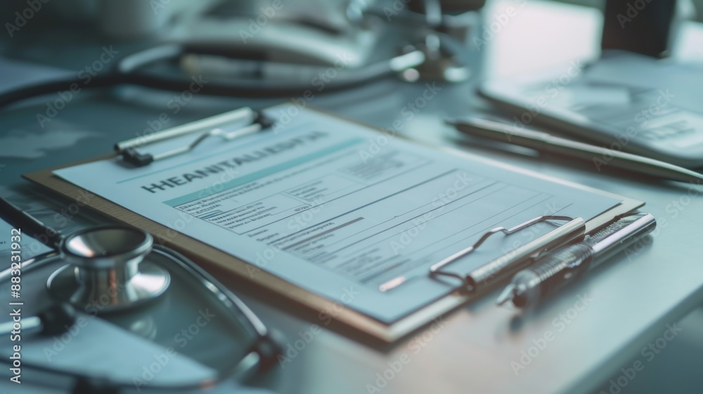 A close-up image of health insurance form on a clipboard. Medical and insurance concept. A close-up image of health insurance form on a clipboard. Medical and insurance concept.