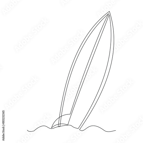 Continuous single one line surfing board standing up in sand beach summer time sketch drawing vector illustration