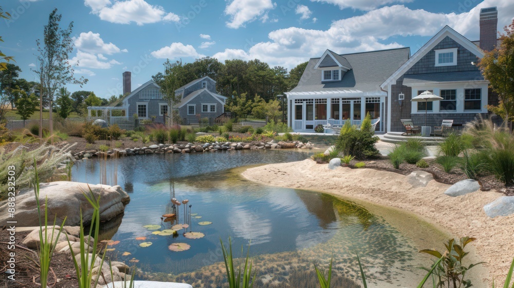 Suburban Cape Cod home with an ocean-inspired landscape design, featuring a saltwater pond and a small sandy beach for children to play Suburban Cape Cod home with an ocean-inspired landscape design, featuring a saltwater pond and a small sandy beach for children to play