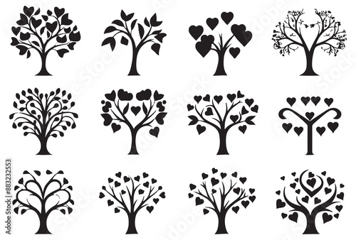 set of black silhouette love tree