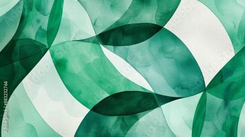 Abstract emerald green and white retro 70s overlapping shapes watercolor concept texture