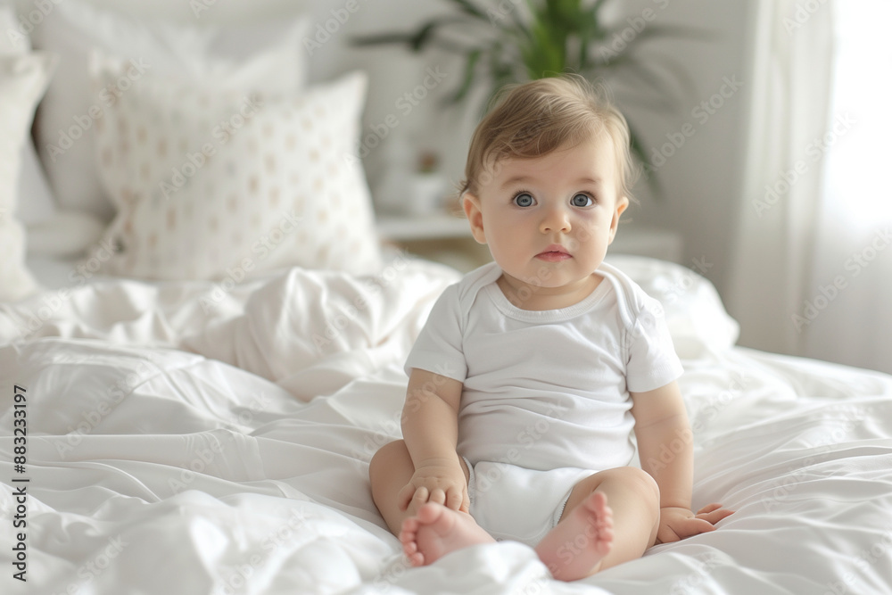 Adorable baby in a white shirt bodysuit mockup, positioned against a soft white bed background, perfect for showcasing a design onesie template for print presentations and mock-ups Adorable baby in a white shirt bodysuit mockup, positioned against a soft white bed background, perfect for showcasing a design onesie template for print presentations and mock-ups