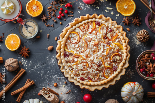 Fototapeta Naklejka Na Ścianę i Meble -  round pie with citrus peel dried fruits and nuts, top view