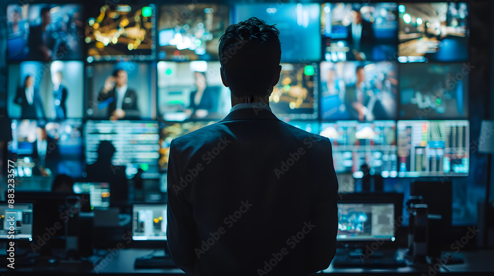 Security analyst stands in front of wall of monitors displaying live footage, working late at night in dimly lit control room. He is wearing suit jacket and appears focused on screens, Security analyst stands in front of wall of monitors displaying live footage, working late at night in dimly lit control room. He is wearing suit jacket and appears focused on screens,