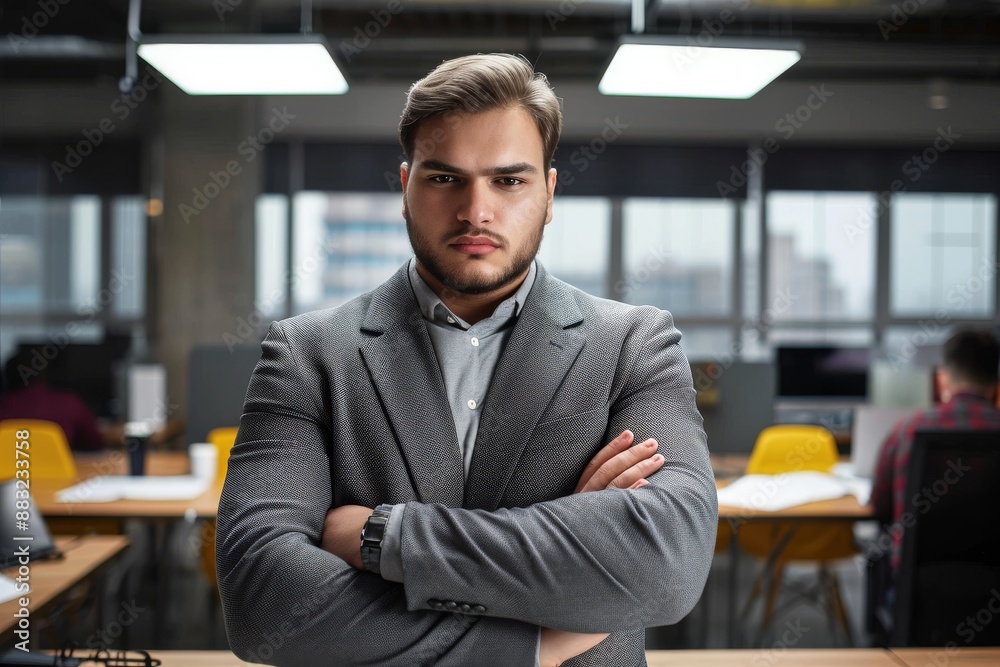 Entrepreneur with crossed arms in the office Young businessman sitting on his desk with crossed arms in modern office space, looking at camera Entrepreneur with crossed arms in the office Young businessman sitting on his desk with crossed arms in modern office space, looking at camera