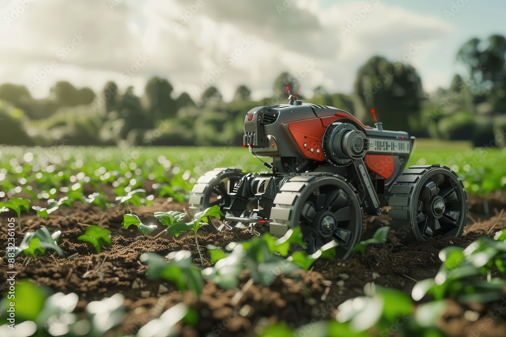 futuristic agricultural scene with sleek robots tending to crops in a vast field advanced machinery performs various farming tasks contrast between hightech automation and natural landscape futuristic agricultural scene with sleek robots tending to crops in a vast field advanced machinery performs various farming tasks contrast between hightech automation and natural landscape