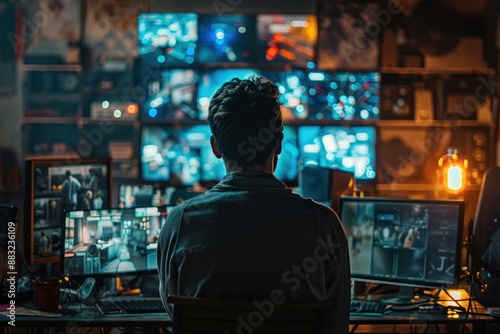 A man sits in front of a desk in a dimly lit room, facing a wall of security cameras, monitoring the feeds