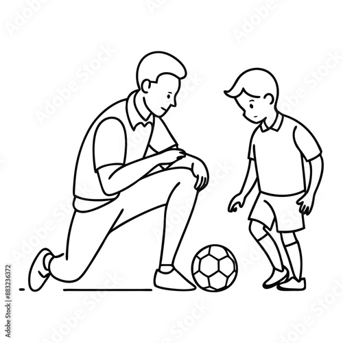 dad and young son playing with a soccer ball.  line art animation, isolated on a white background
