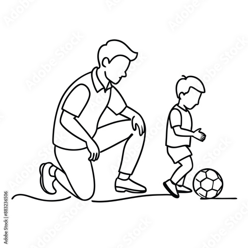 dad and young son playing with a soccer ball.  line art animation, isolated on a white background