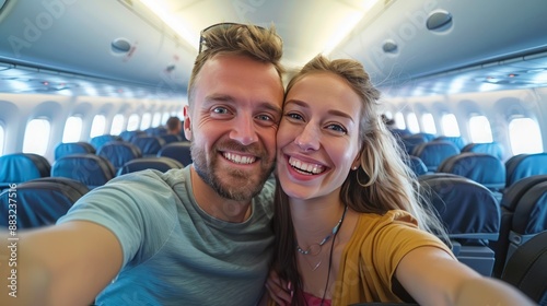 Happy couple taking a selfie inside an airplane, highlighting the fun and joy of their summertime travel adventures. © Janejira