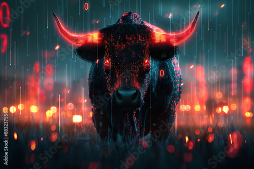 A humorous 3D bull with coins falling from the sky, set against a backdrop of binary code