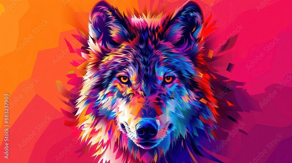 a wolf face with swirling hues of pink, orange, and blue on a bright, dynamic background a wolf face with swirling hues of pink, orange, and blue on a bright, dynamic background