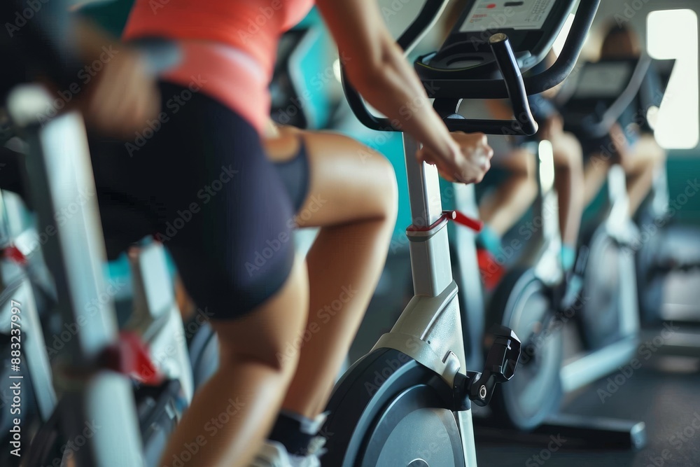 Cropped shot of women working out with exercise bikes in a exercising class at the gym Cropped shot of women working out with exercise bikes in a exercising class at the gym