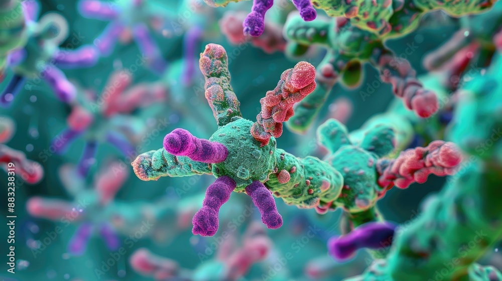 A colorful image of a cell with a green stem and purple and pink spots A colorful image of a cell with a green stem and purple and pink spots