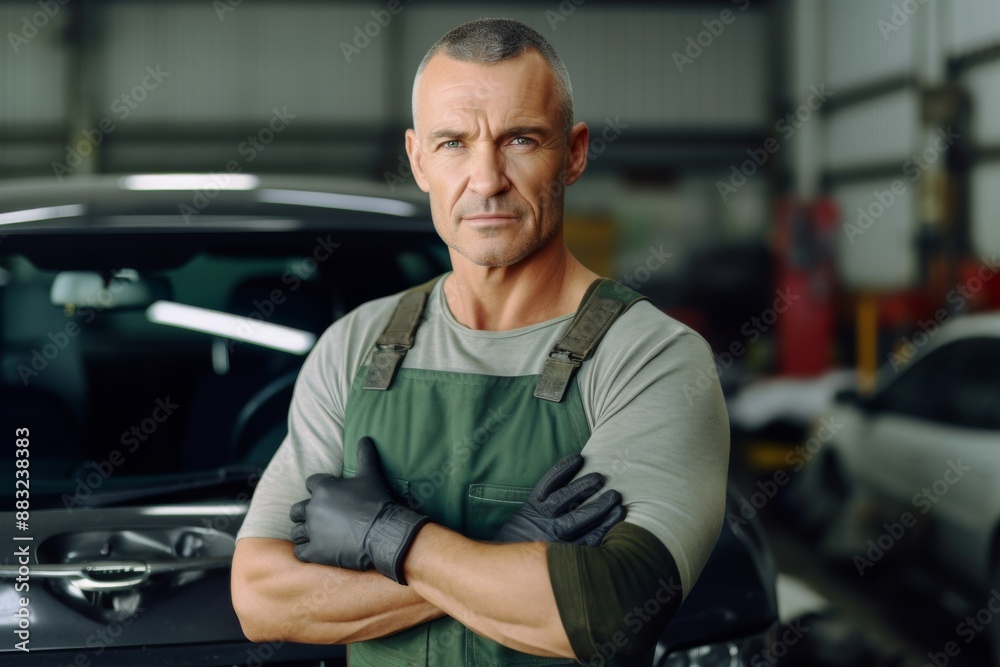 confident mechanic man looking at camera while standing in car repair shop with tools.