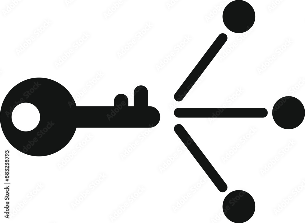 Black and white icon of a key unlocking or connecting to three dots Black and white icon of a key unlocking or connecting to three dots