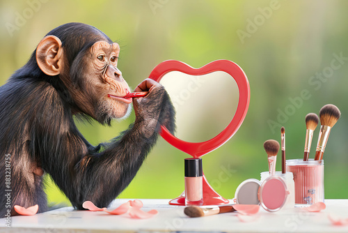 Chimpanzee applying lipstick in front of a heart-shaped mirror with makeup on a table. Generated by AI. photo