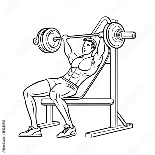 fit man during a bench press exercise. line art vector illustration 