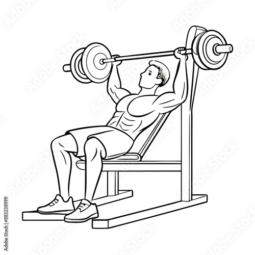 fit man during a bench press exercise. line art vector illustration 