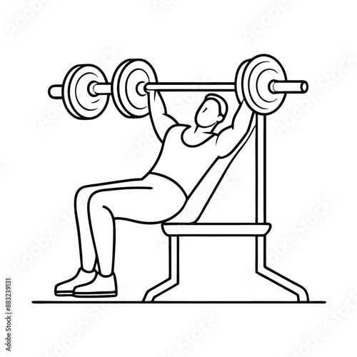 fit man during a bench press exercise. line art vector illustration 
