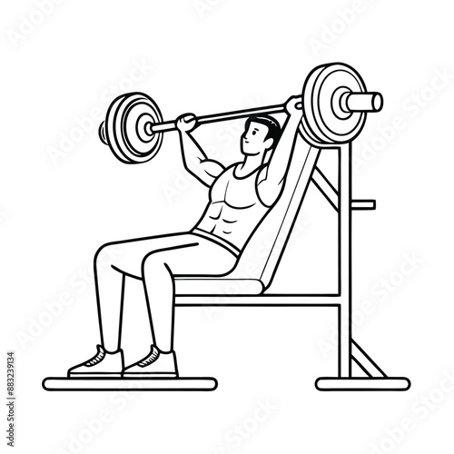 fit man during a bench press exercise. line art vector illustration 