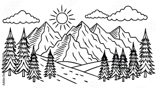 Black and white landscape, spruce forest against the background of snow-capped mountains.AI GENERATED