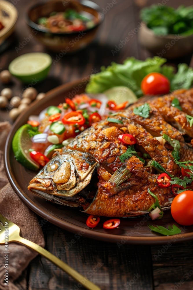 Traditional Asian-Style Fried Fish Dish on Wooden Table Generative AI Traditional Asian-Style Fried Fish Dish on Wooden Table Generative AI