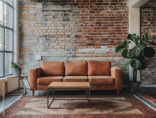 Industrial-style loft interior featuring a brown leather sofa, rustic brick wall, large windows, and contemporary decor elements for an urban chic living space