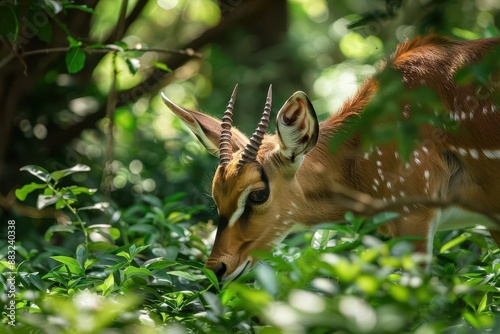 intimate portrait of a bushbuck antelope grazing among lush green foliage its distinctive spiral horns and spotted coat visible in soft dappled sunlight photo