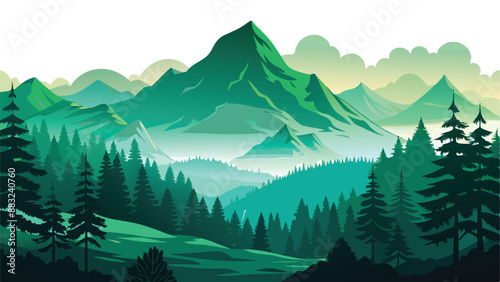 Landscape forest mountains nature adventure travel background panorama vector art illustration.AI GENERATED