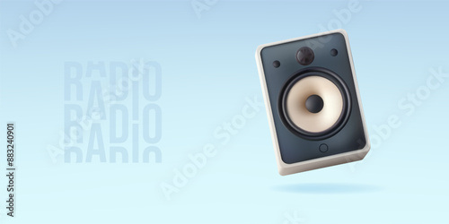 Stereo system sound speaker 3d vector illustration. Concert woofer station for electronic melody announce device. Music acoustic audio podcast realistic radio boombox tuner. Dual portable hifi quality