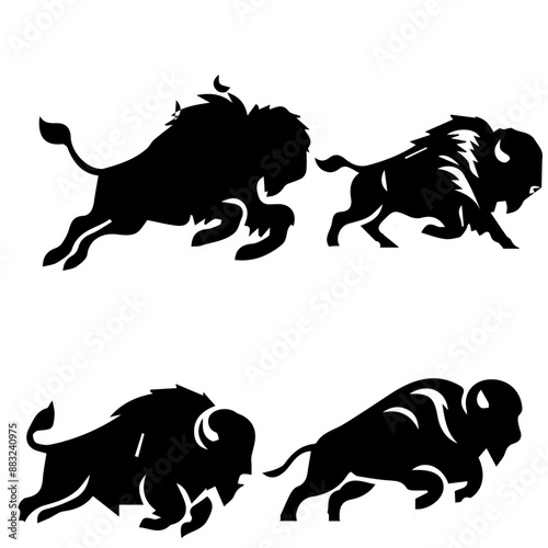 Bison Charging silhouette isolated on white background