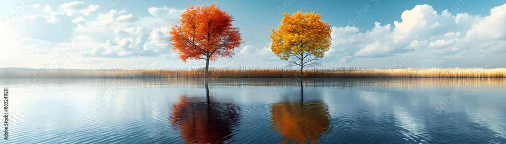 Obraz premium Half Tone Spring and Autumn Waterfront Landscape for Graphic Design with Ample Text Space